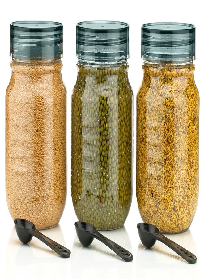 HAPPI Multipurpose Unbreakable Plastic Transparent Storage Containers For Kitchen Airtight Masala Box Dabba Spice, Cereal, Dry Fruits Spice Box 750 Ml With Spoons (Set Of 3 Pcs - Black) - Image 1